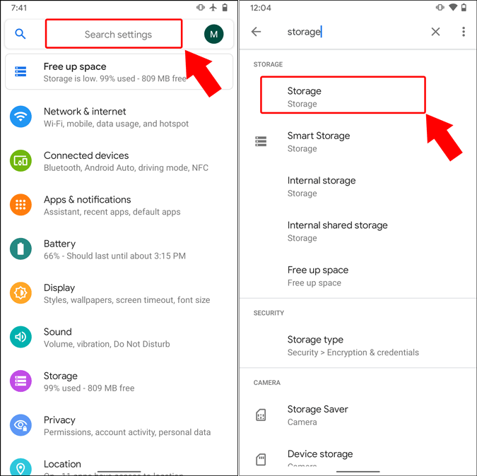 storage search on android settings
