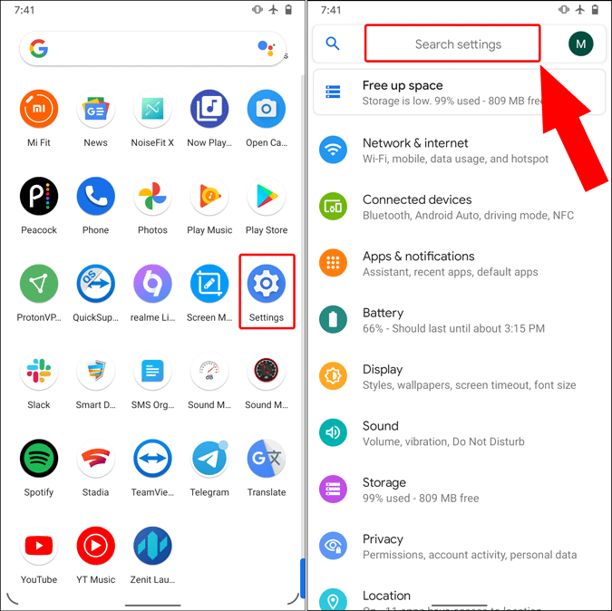 search bar on android settings