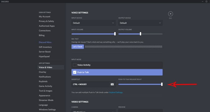 Setting delay settings for Push to Talk on Discord