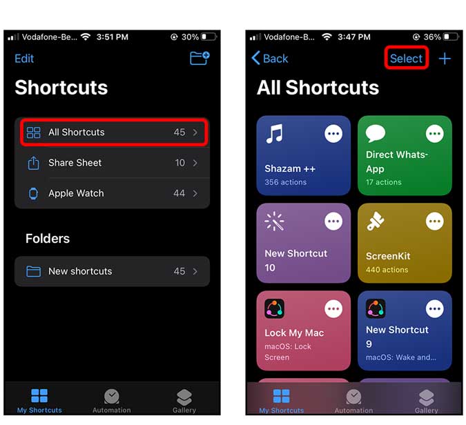 open all shortcuts and start selecting all the shortcuts you want to move