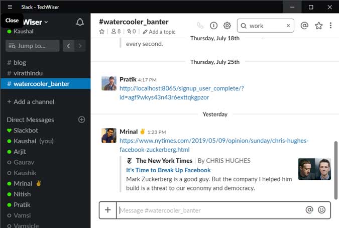 Slack desktop app with watercooler banter channel conversation. NYT link in the screenshot