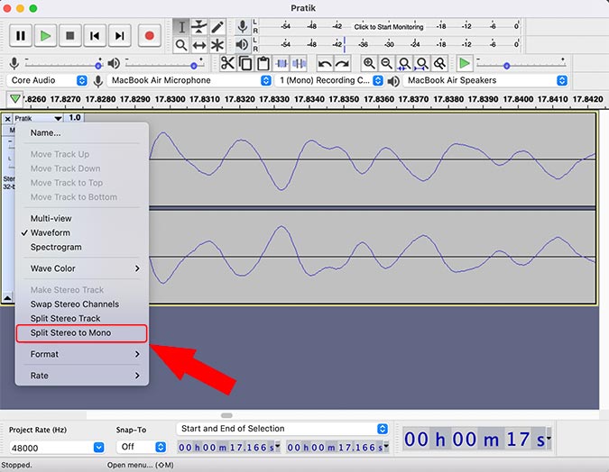 split stereo to mono in audacity