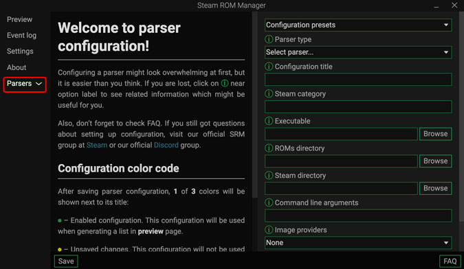 click parsers to begin setup on Steam ROM manager