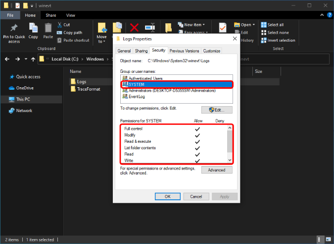 permissions for system profile in security tab