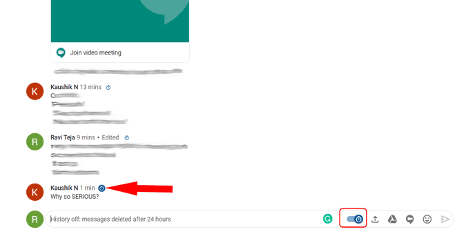timer option above the messages on Google Chat