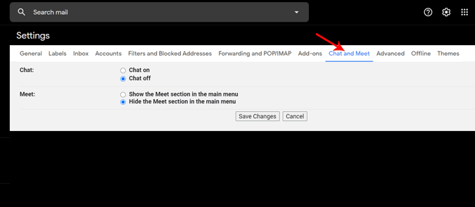 Disabling Chat and meet options in Gmail Settings