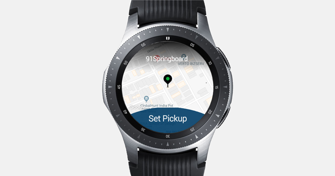 Screenshot of the Galaxy Watch with Uber app showing starting destination and a button to pickup