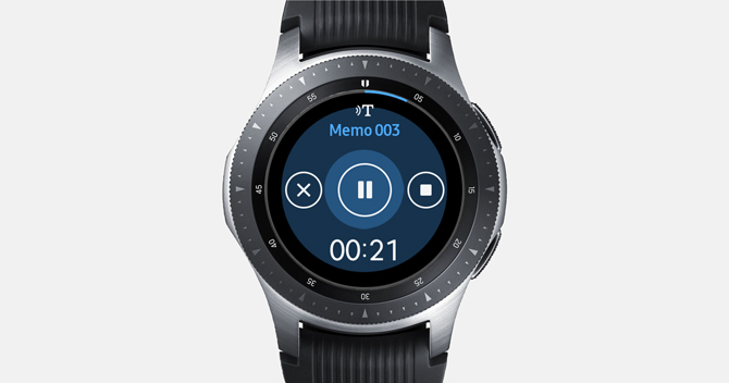 Screenshot of the Galaxy Watch with gear voice memo showing controls and time elapsed.