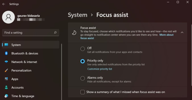 windows 11 settings up focus assist