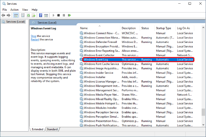 windows event log on windows services menu 