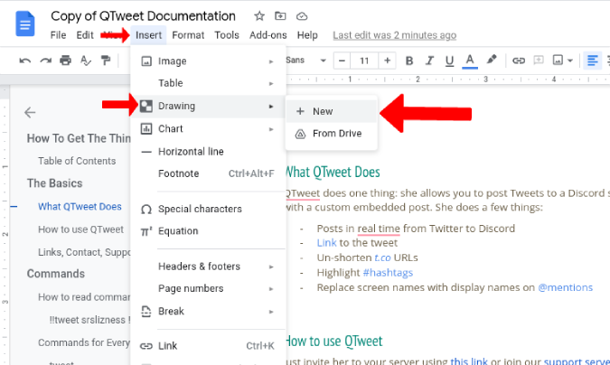 Opening new drawing in Google Docs 
