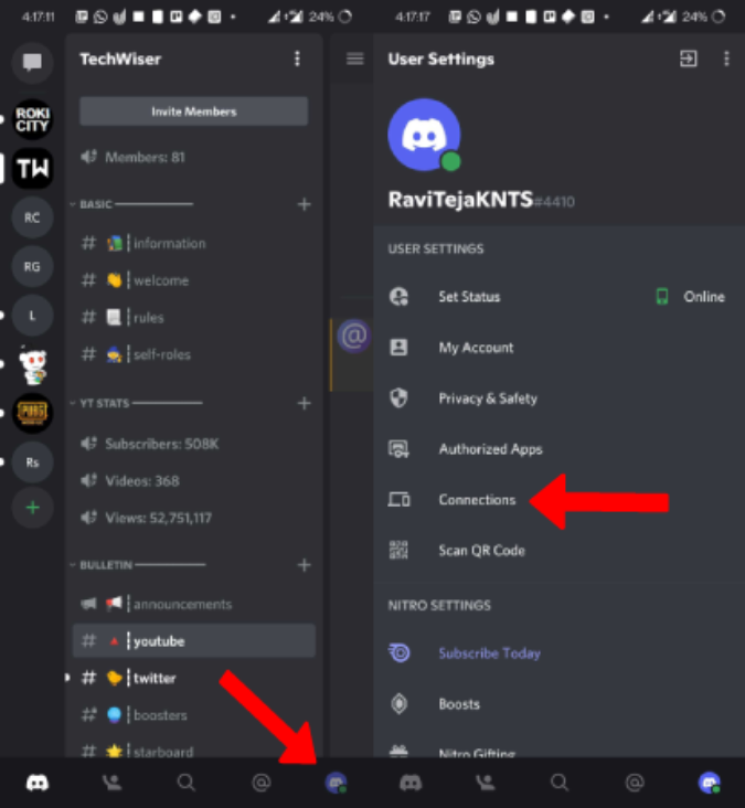 Opening Connections on the phone on Discord